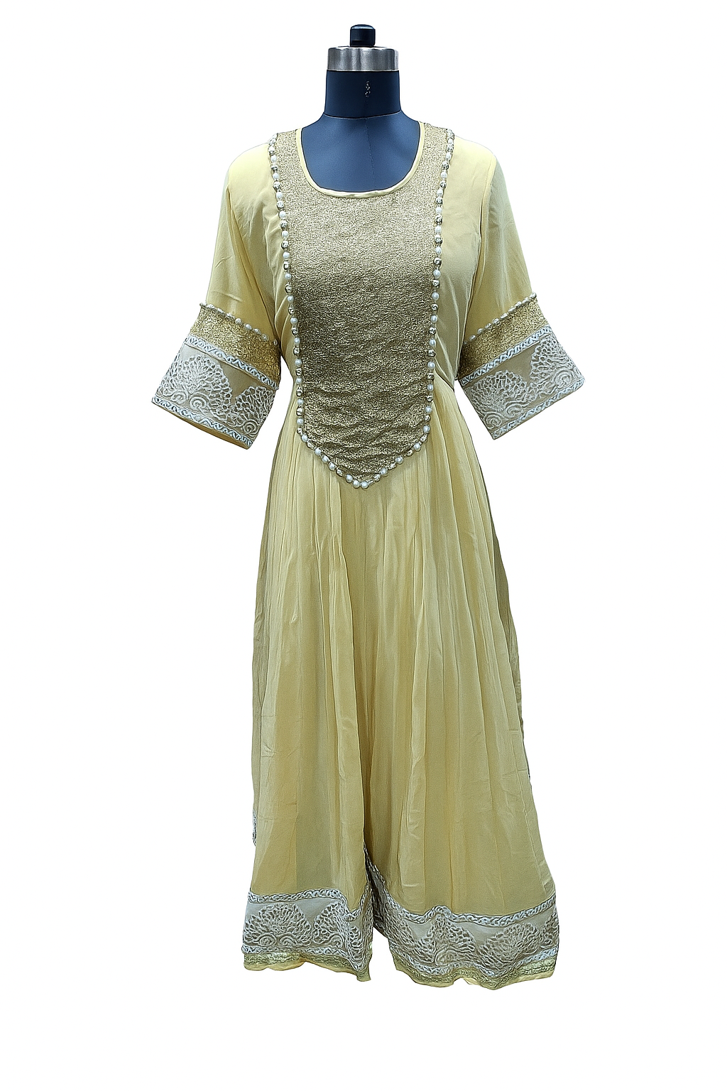 Elegant Golden Anarkali Dress with Embroidery & Pearl Detailing