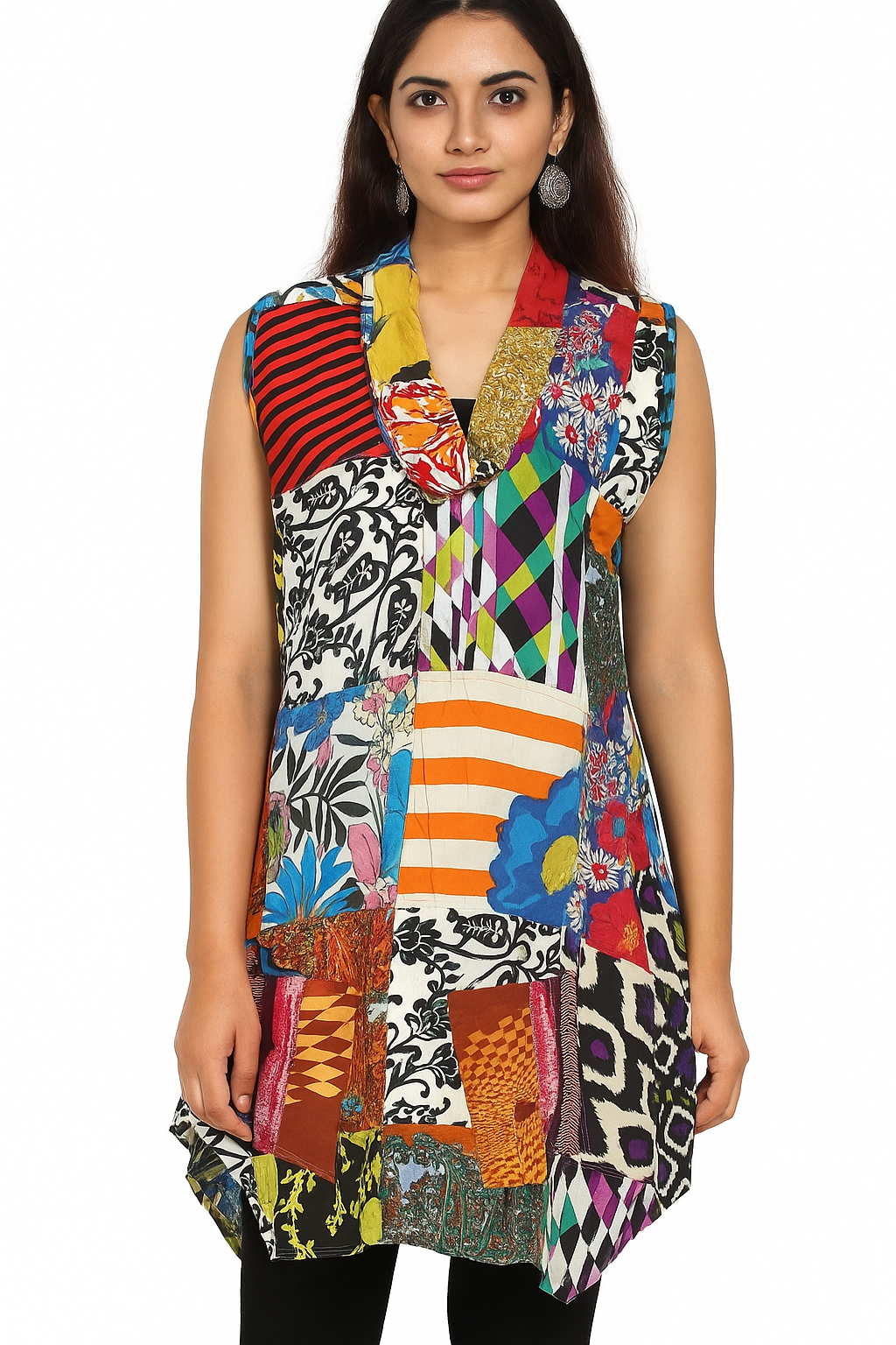Women's Multicolor Cotton Patchwork Sleeveless Tunic – Boho Style