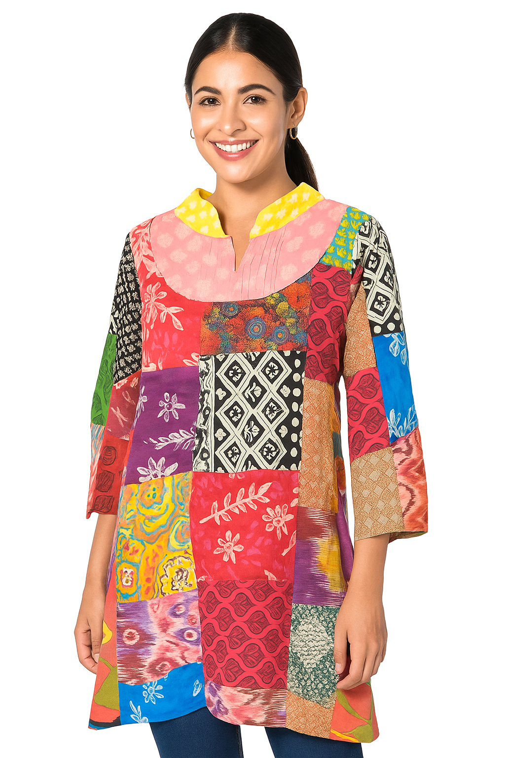 Women's Multicolor Patchwork Cotton Kurti – Boho Ethnic Tunic