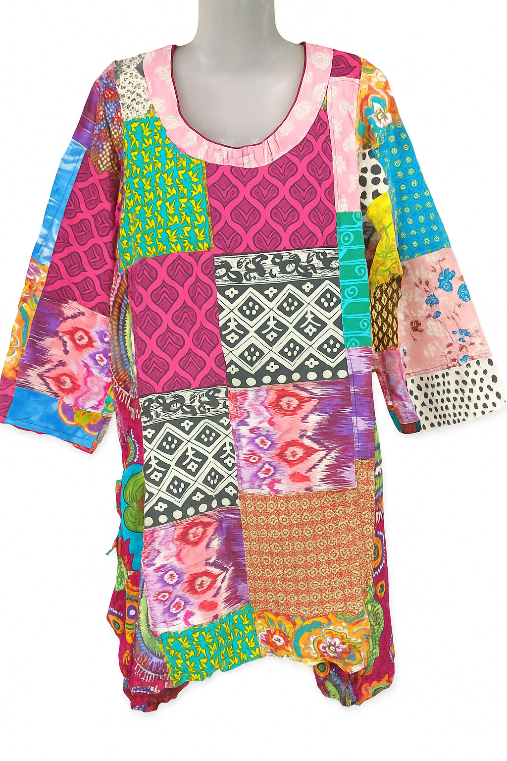 Boho Patchwork Tunic Dress – Multicolor Ethnic Print, Casual & Comfortable