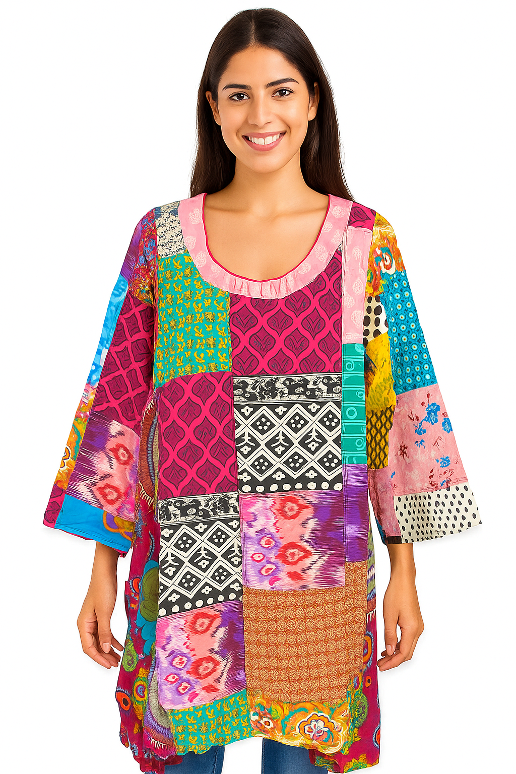 Boho Patchwork Tunic Dress – Multicolor Ethnic Print, Casual & Comfortable