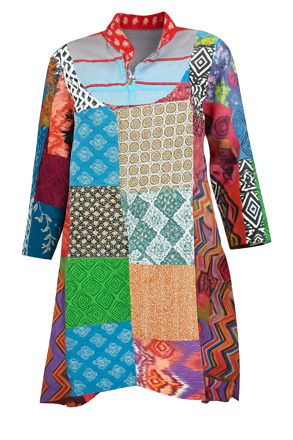 Multicolor Patchwork Cotton Tunic Dress – Boho Style
