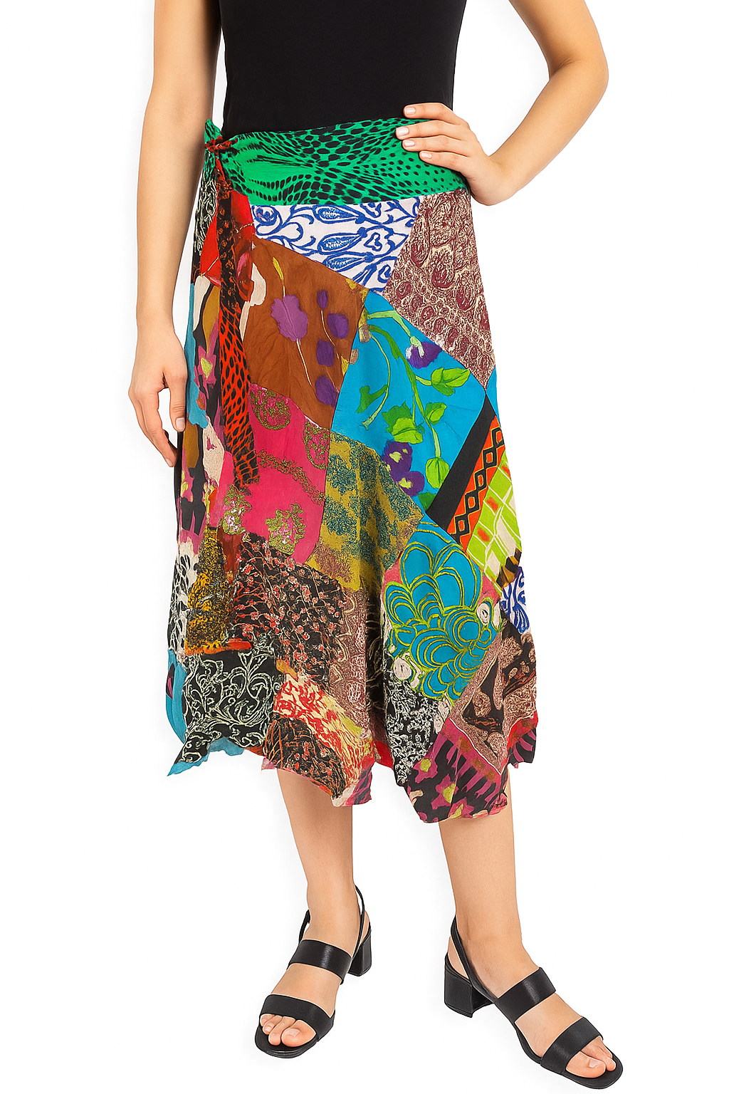 Bohemian Patchwork Wrap Skirt – Multicolor Midi Skirt for Women