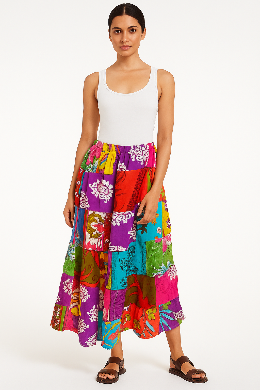 Boho Patchwork Cotton Maxi Skirt – Multicolor