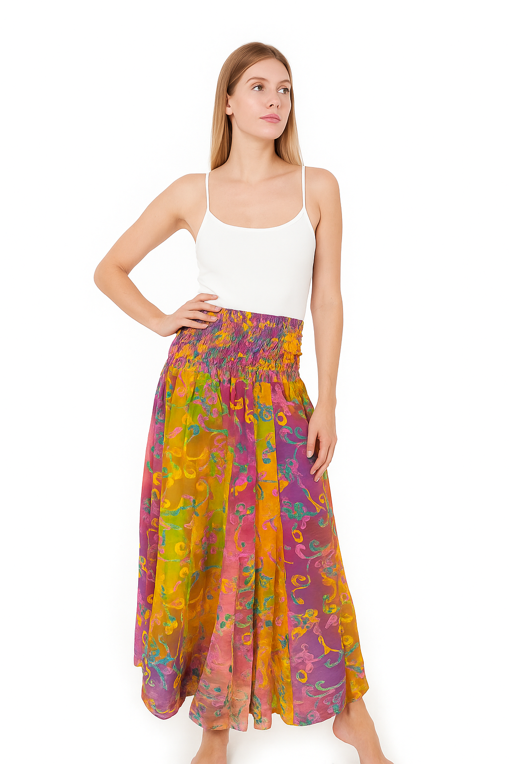 Boho Chic Smocked Waist Multicolor Midi Skirt – Earth Co.