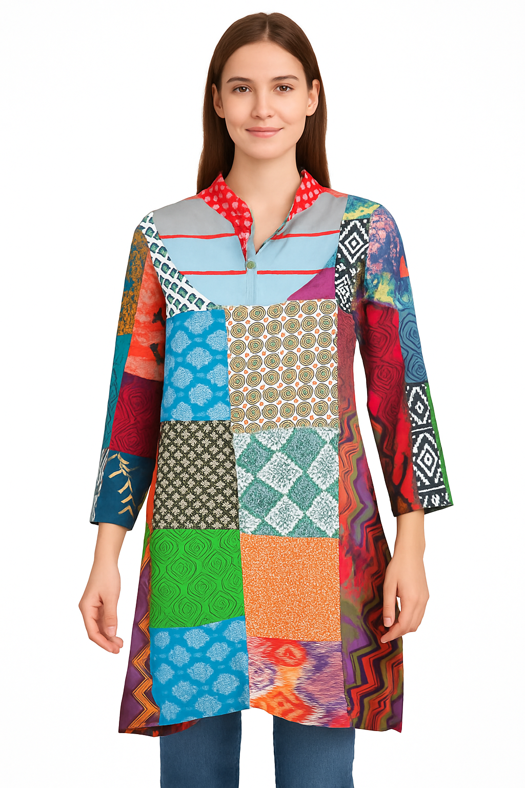 Multicolor Patchwork Cotton Tunic Dress – Boho Style