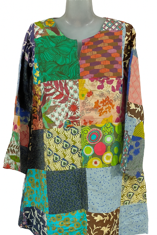 Bohemian Patchwork Tunic Top – Handmade Multicolor Cotton Kurti
