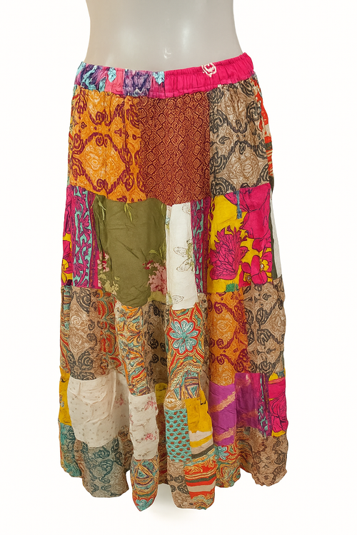 Bohemian Patchwork Maxi Skirt – Vibrant Multicolor Ethnic Print