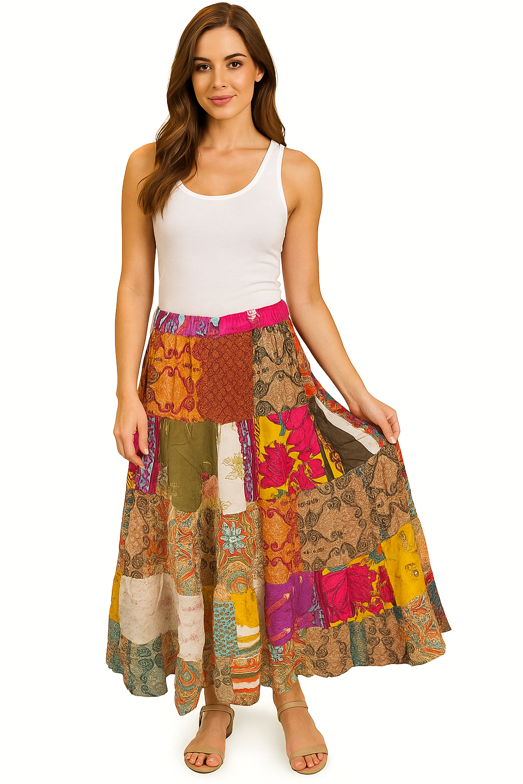Bohemian Patchwork Maxi Skirt – Vibrant Multicolor Ethnic Print
