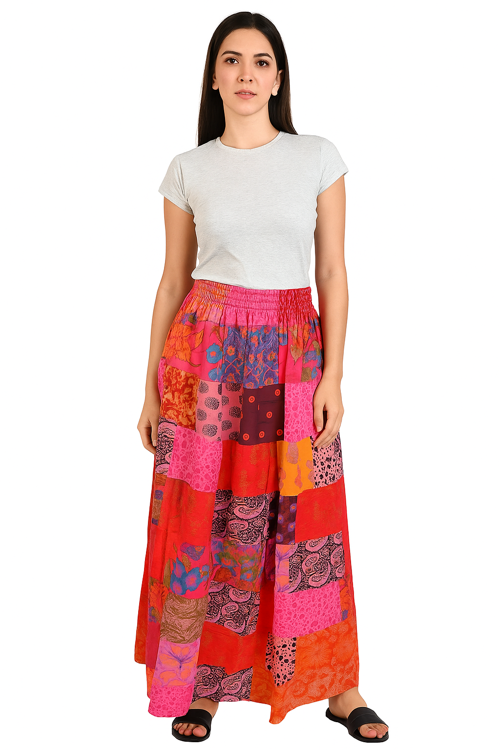 Vibrant Patchwork Maxi Skirt – Boho Casual Wear