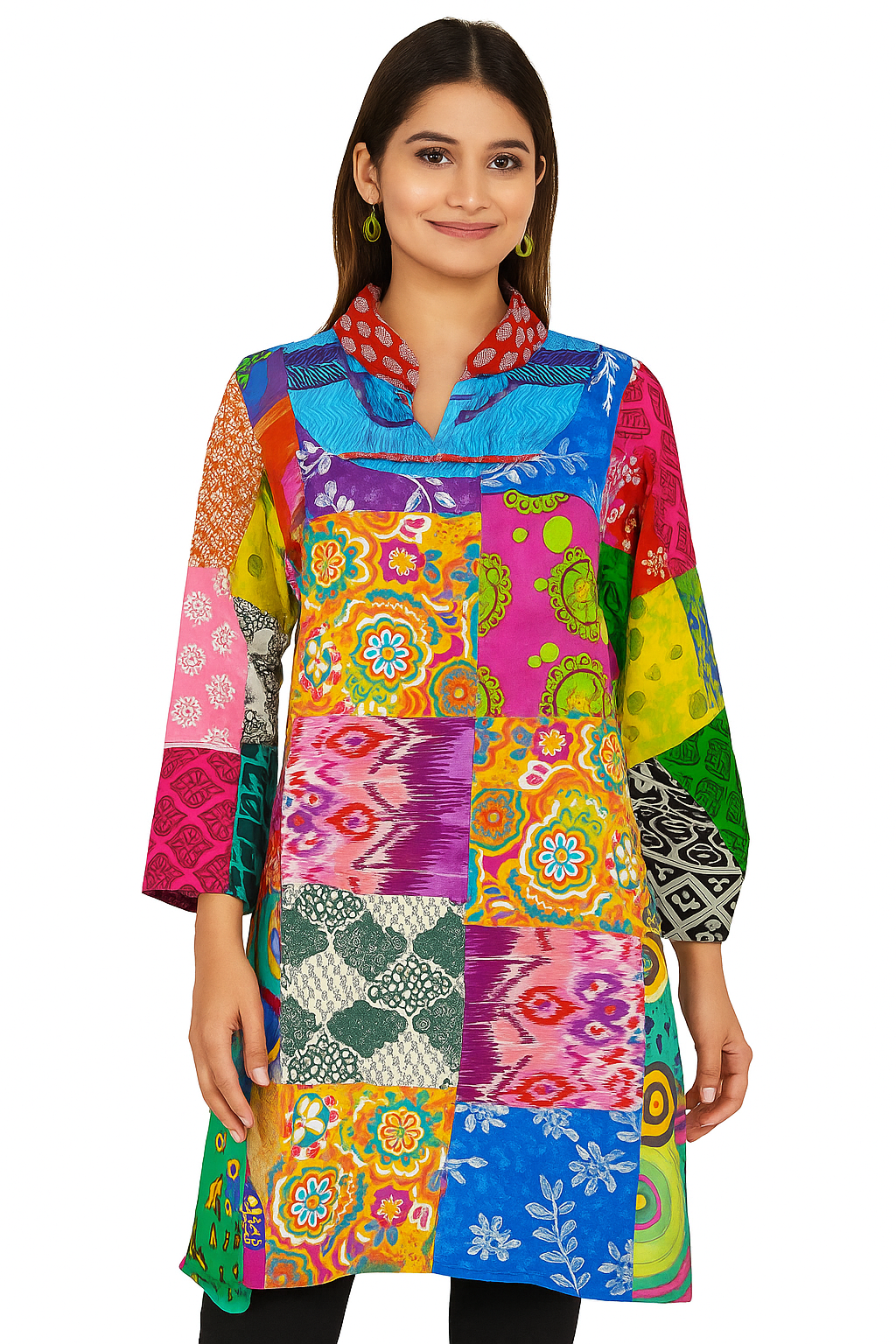 Vibrant Patchwork Cotton Tunic – Multicolor Boho Kurti