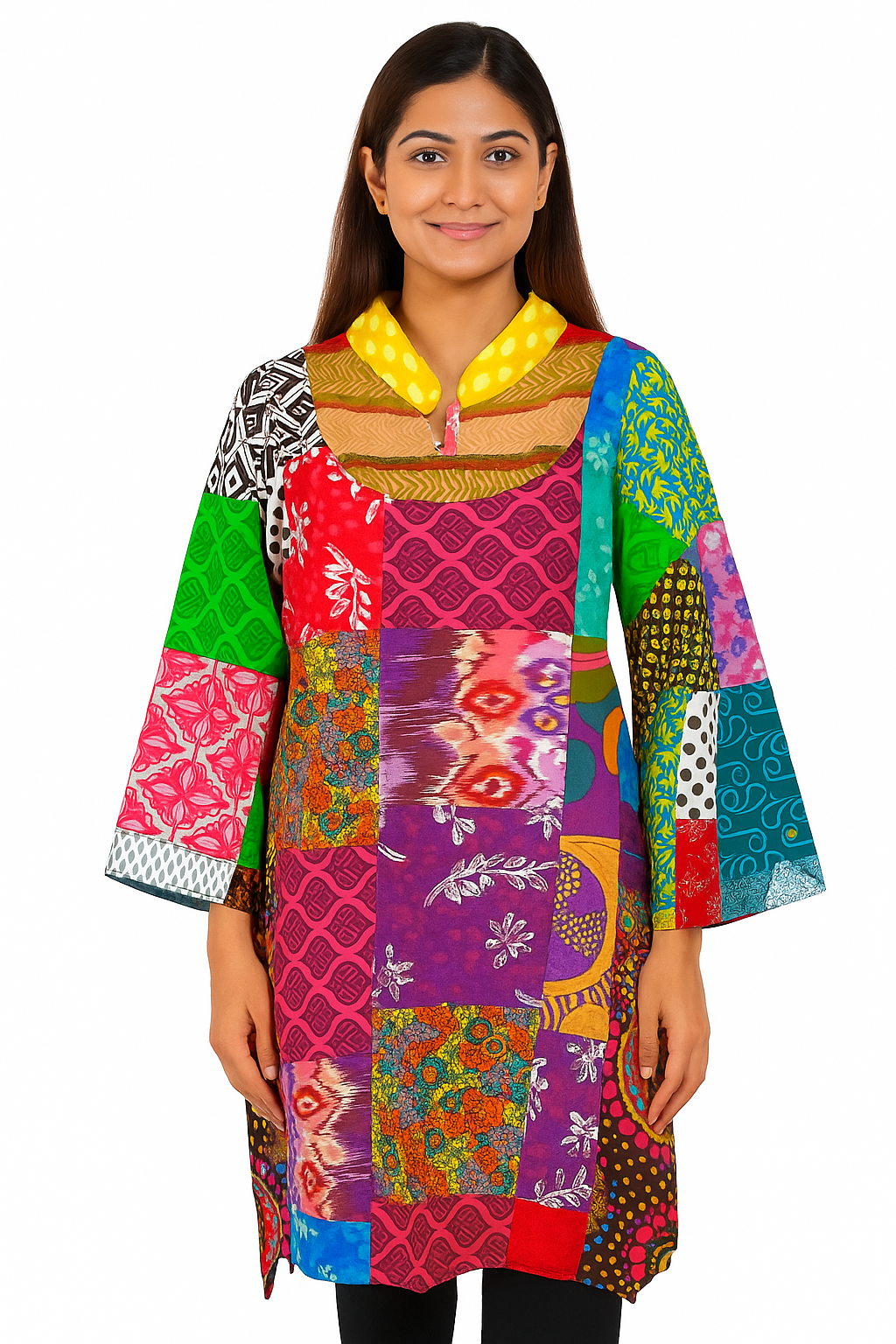 Vibrant Patchwork Cotton Tunic Dress – Multicolor Bohemian Style
