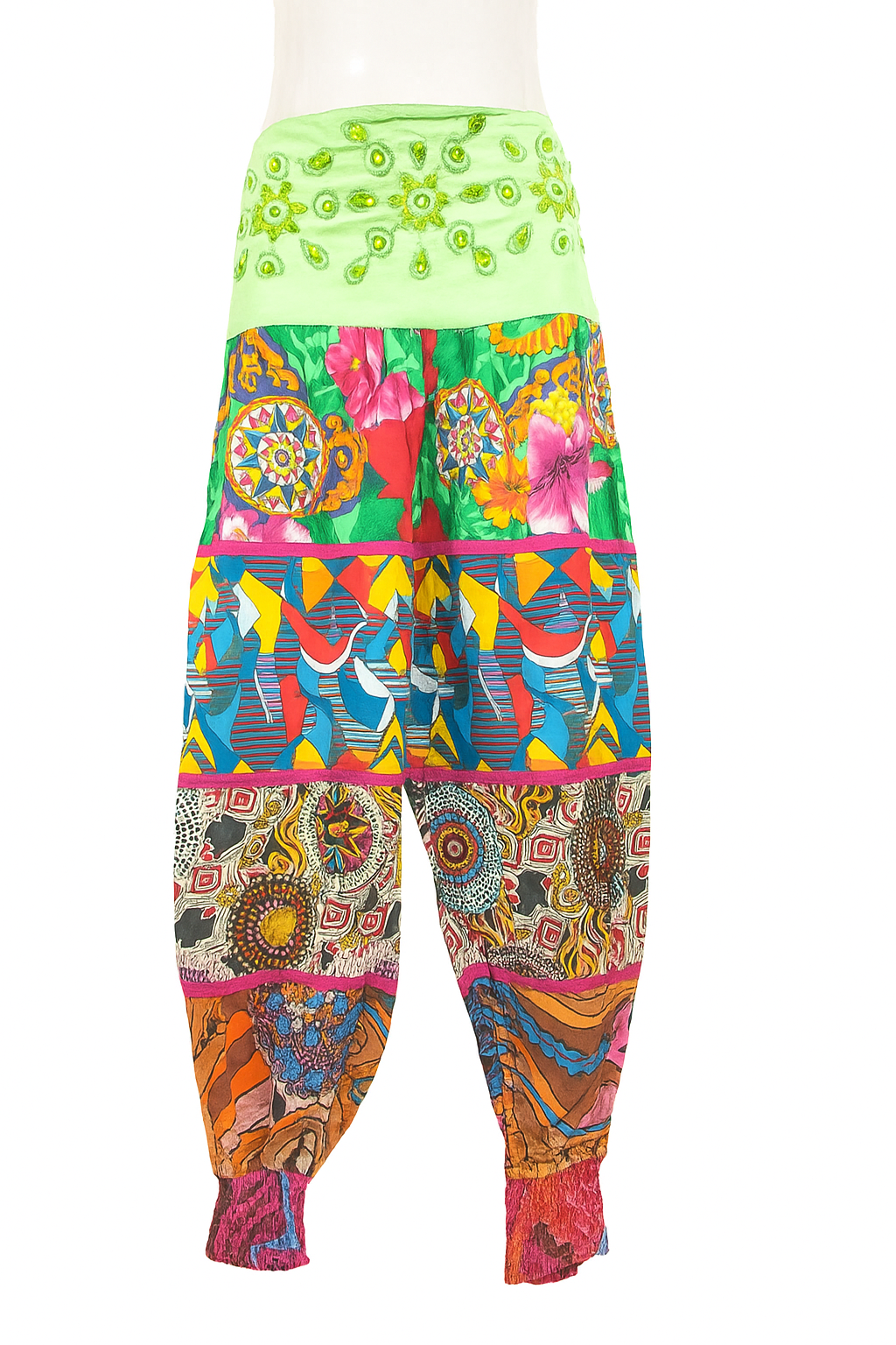Vibrant Boho Patchwork Harem Pants with Embellished Waistband