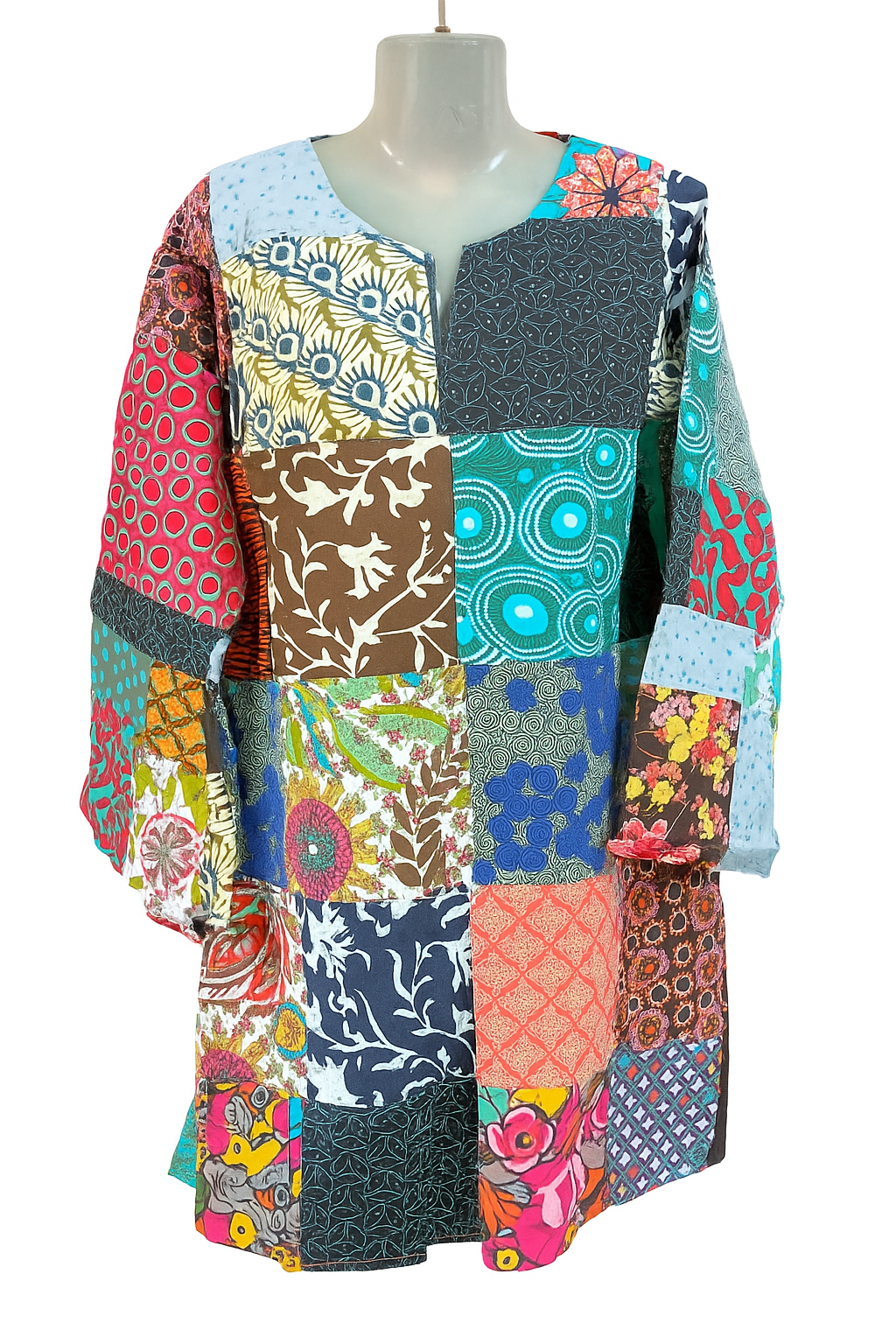 Women's Boho Patchwork Cotton Tunic – Multicolor Long Sleeve Kurti by Earth Co.