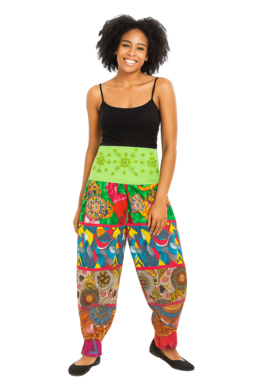 Vibrant Boho Patchwork Harem Pants with Embellished Waistband