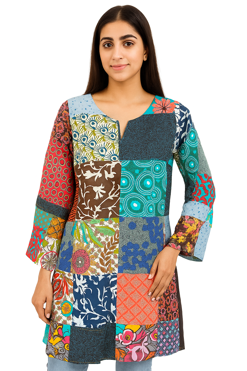 Women's Boho Patchwork Cotton Tunic – Multicolor Long Sleeve Kurti by Earth Co.
