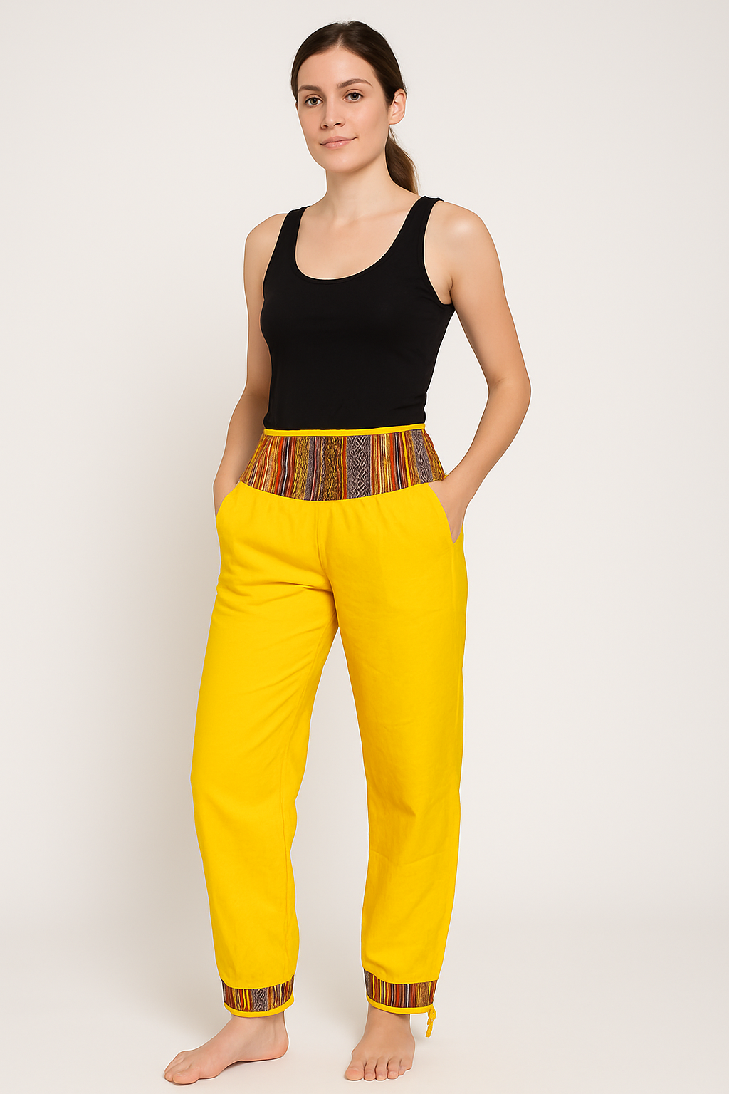 Vibrant Yellow Ethnic Patterned Cotton Pants for Women