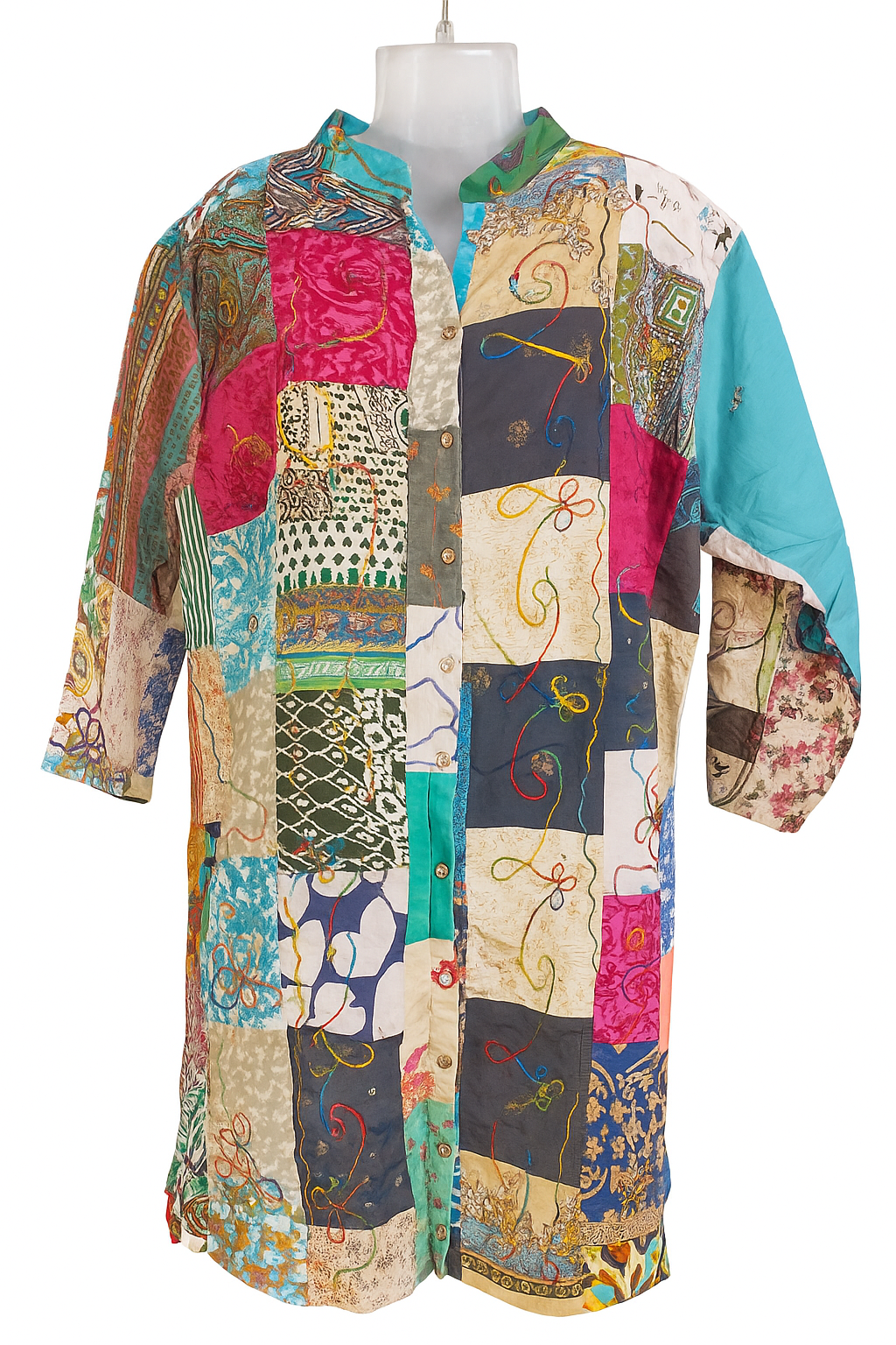Colorful Patchwork Long Shirt Dress with Button-Down Front