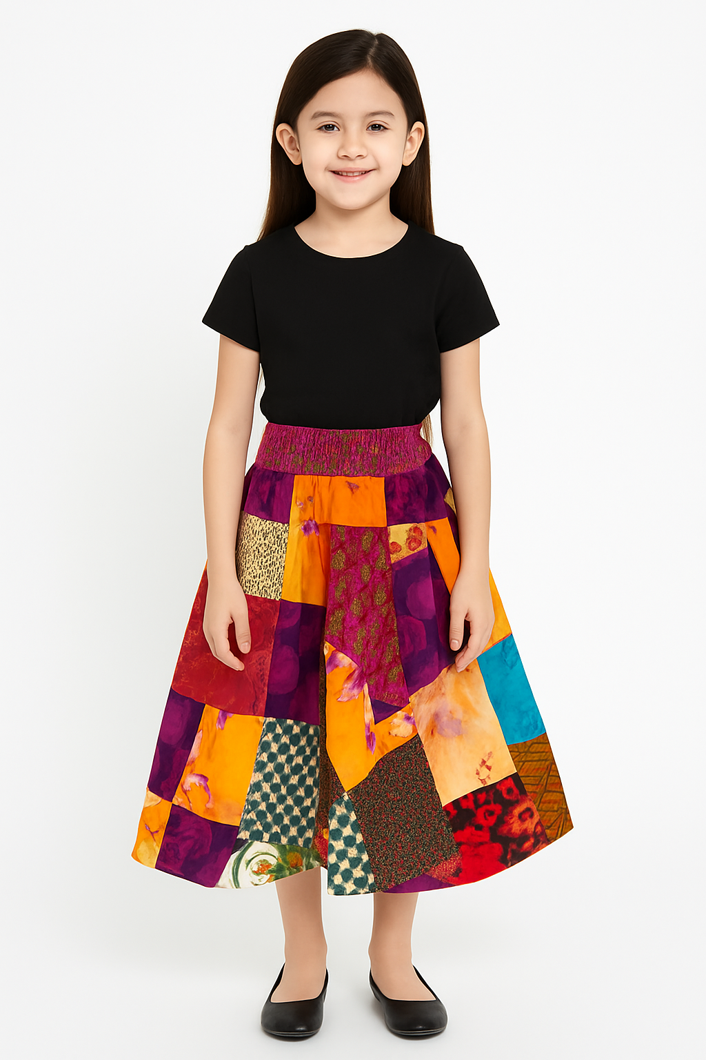 Girls’ Patchwork Boho Skirt – Colorful Handmade Cotton Midi