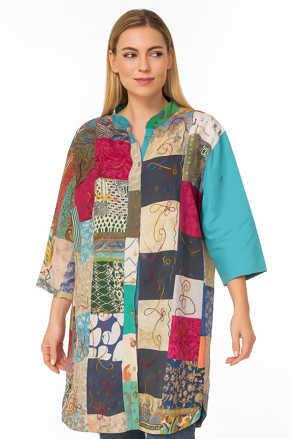 Colorful Patchwork Long Shirt Dress with Button-Down Front