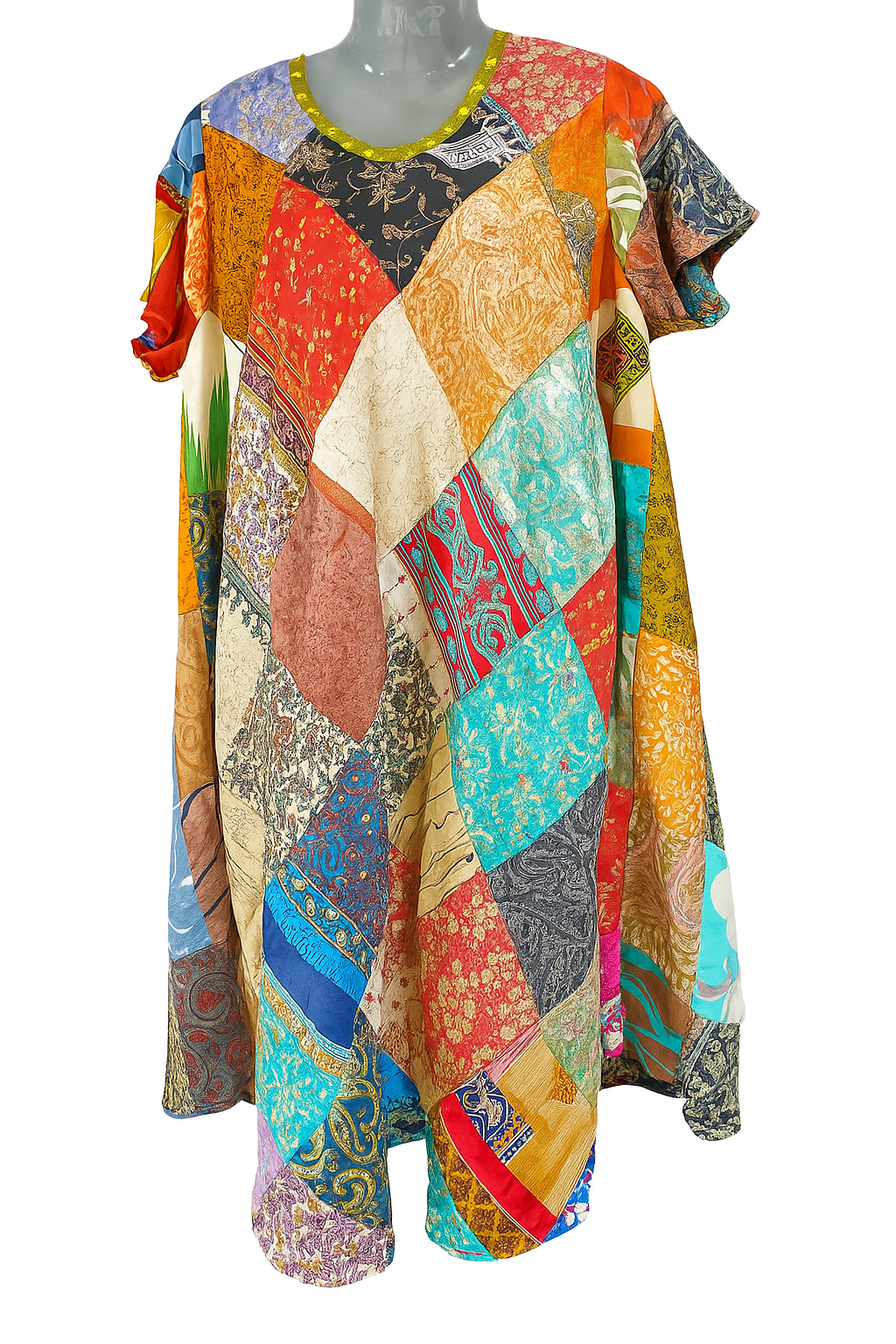 Boho Patchwork Flared Kaftan Dress – Multicolor