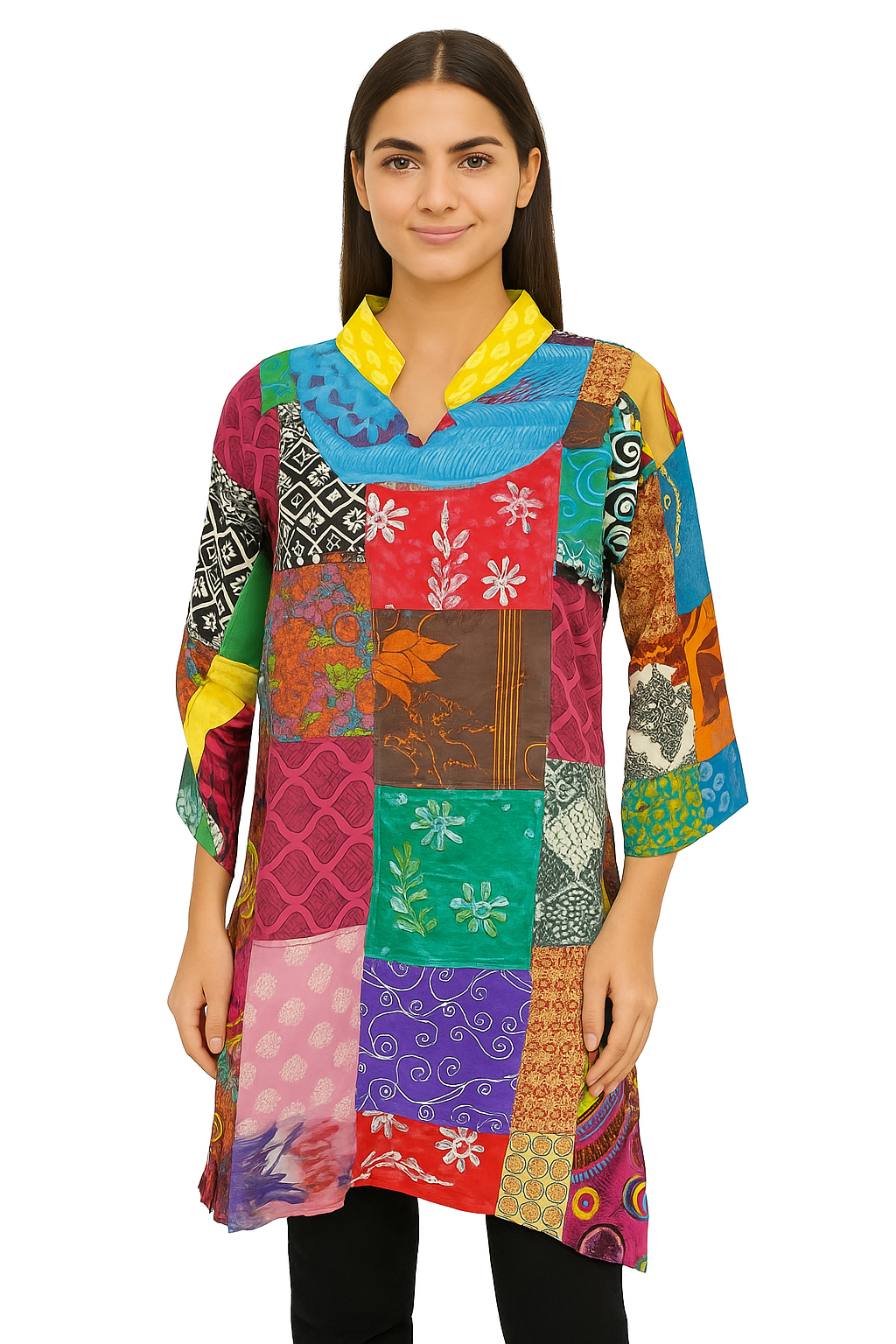 Boho Patchwork Tunic Dress – Multicolor Cotton Kurti for Women