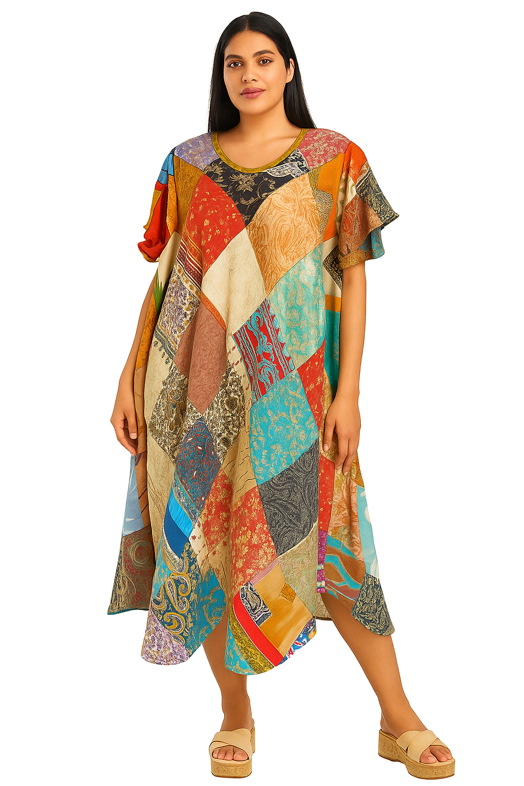 Boho Patchwork Flared Kaftan Dress – Multicolor