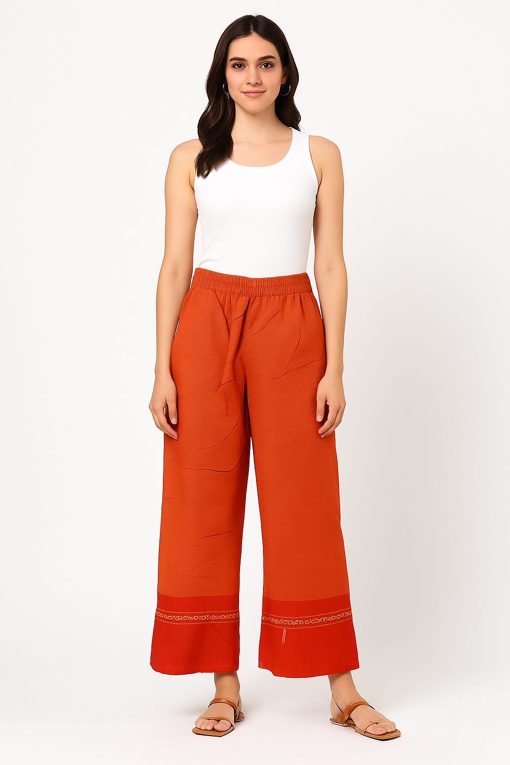 Handwoven Cotton Straight Pants – Rust Red with Embroidered