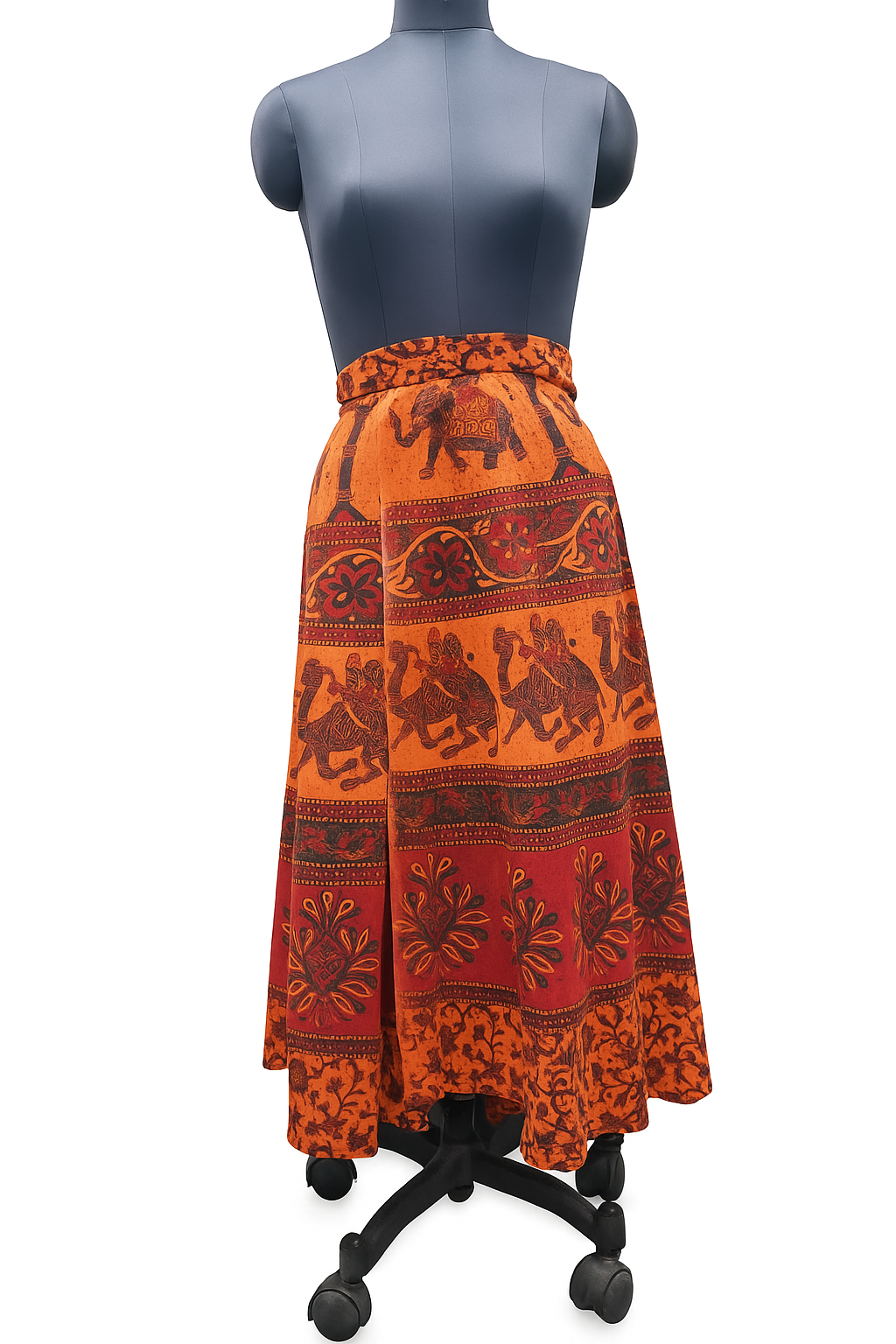 Bohemian Indian Block Print Wrap Skirt – Orange & Red Ethnic Midi Skirt