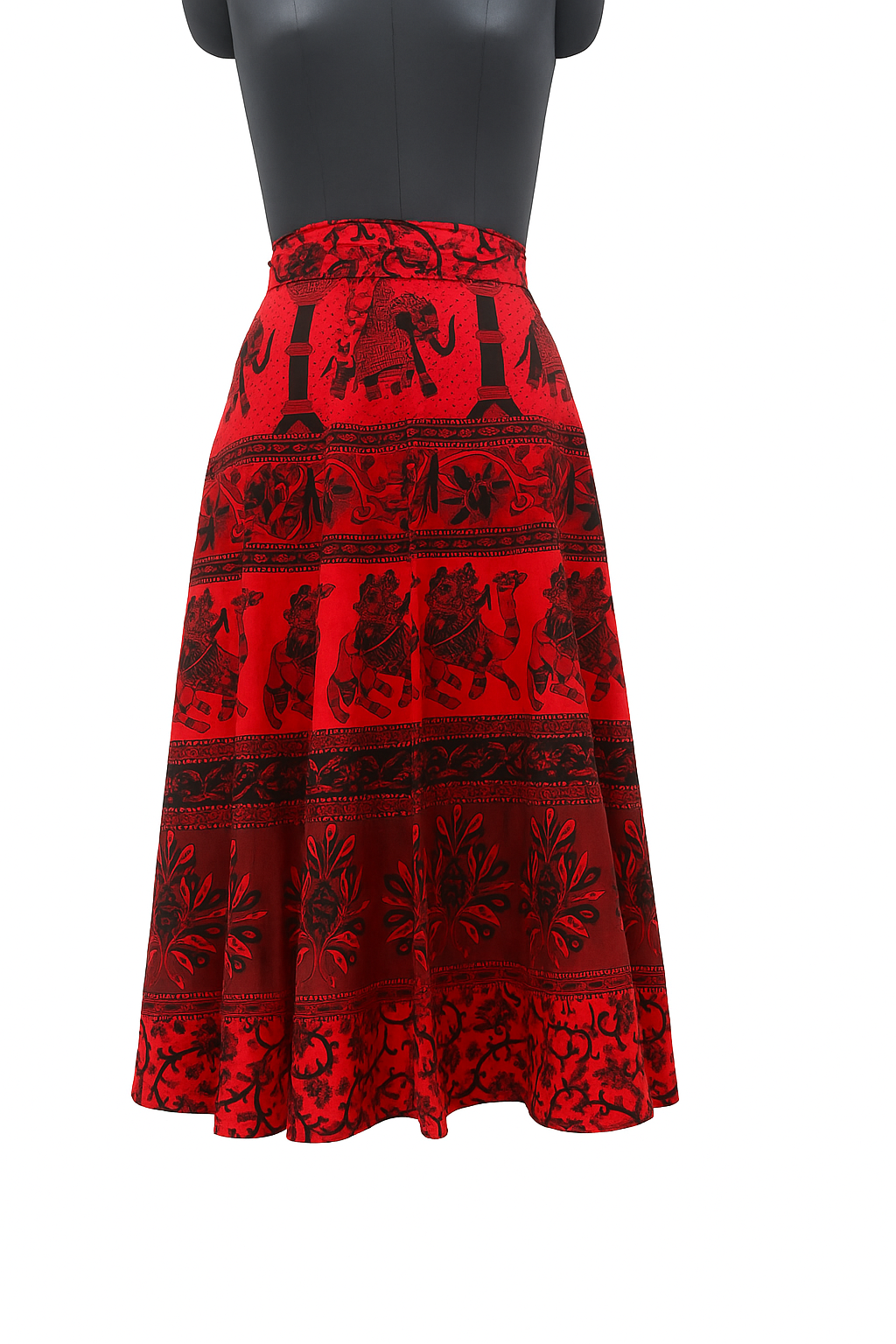 Red & Black Handcrafted Print Maxi Skirt for Women