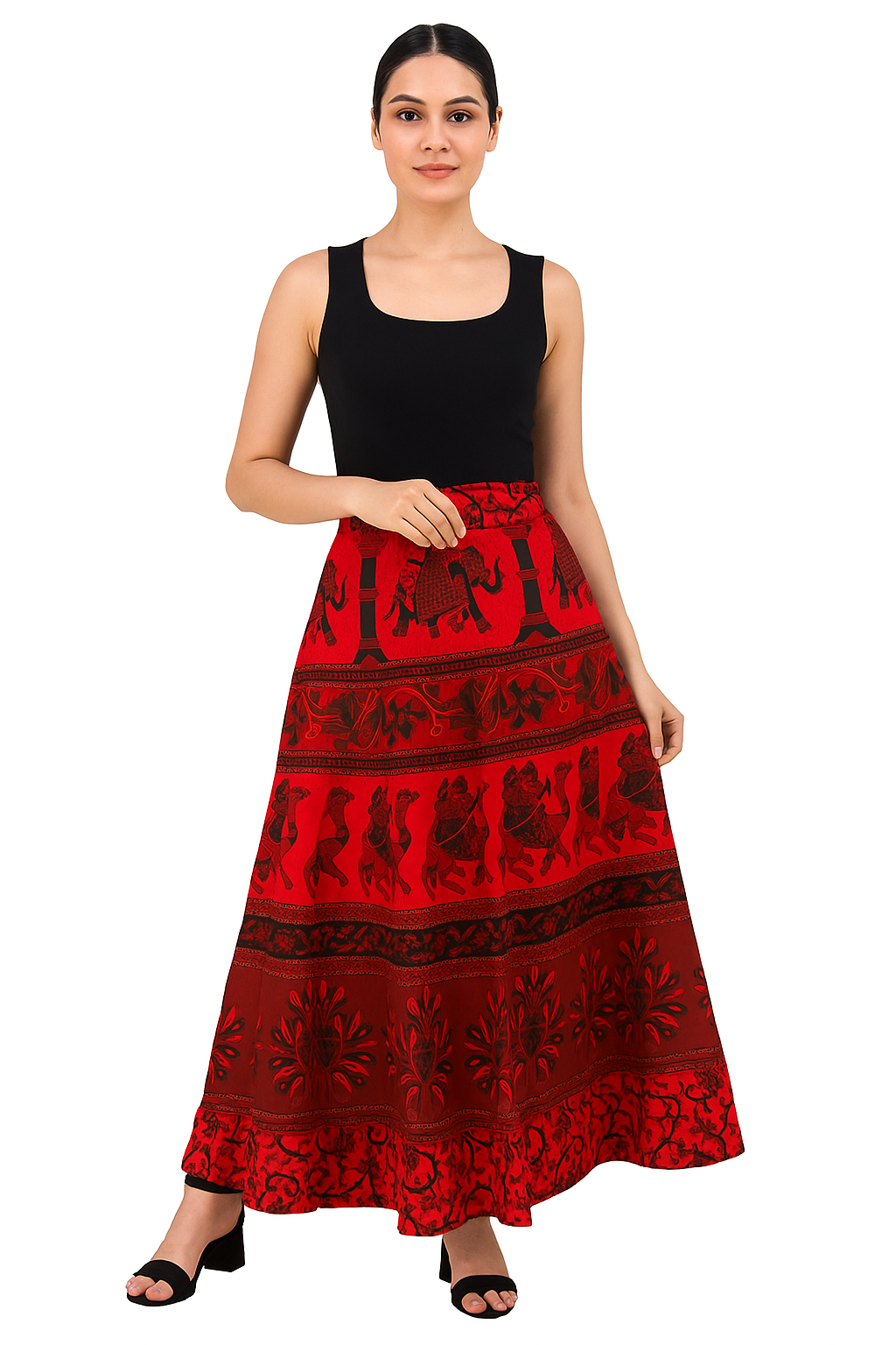 Red & Black Handcrafted Print Maxi Skirt for Women