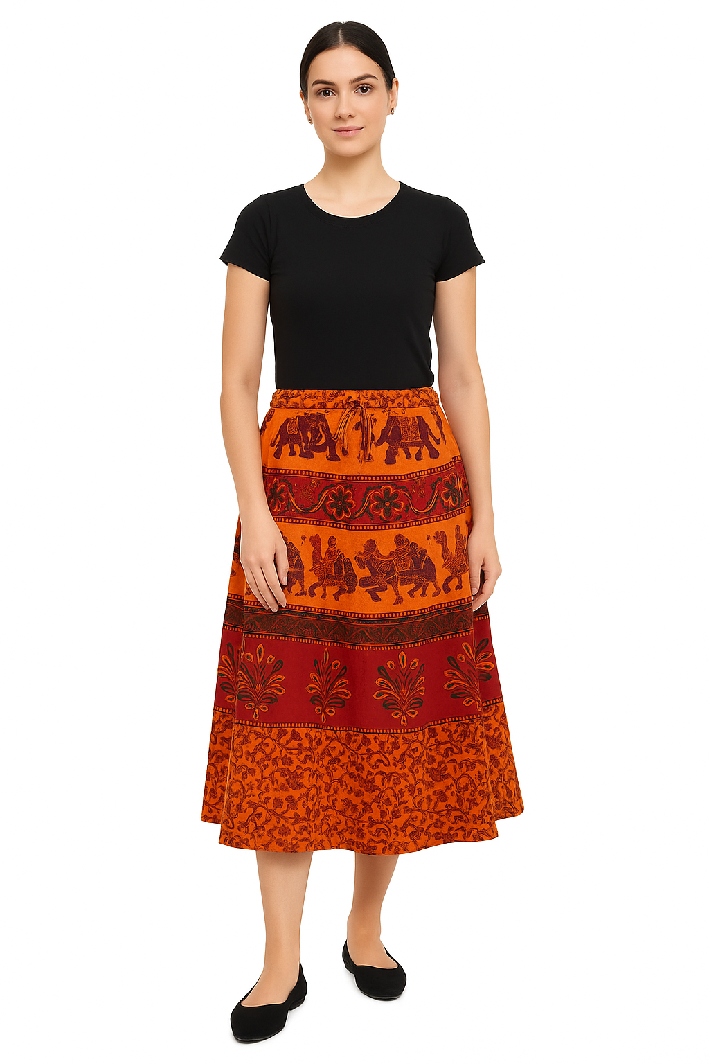 Bohemian Indian Block Print Wrap Skirt – Orange & Red Ethnic Midi Skirt