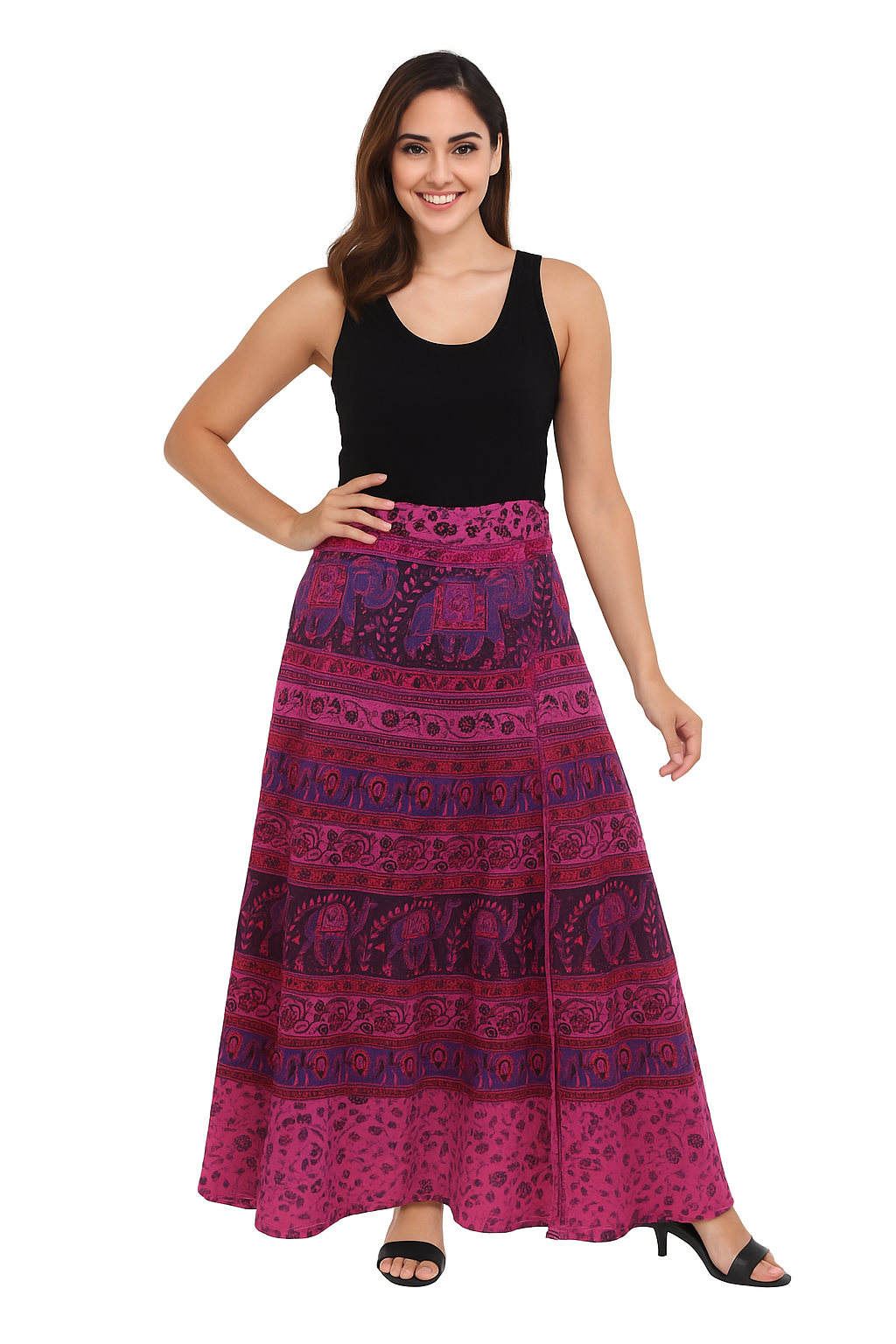Boho Elephant Print Wrap Skirt – Magenta & Purple
