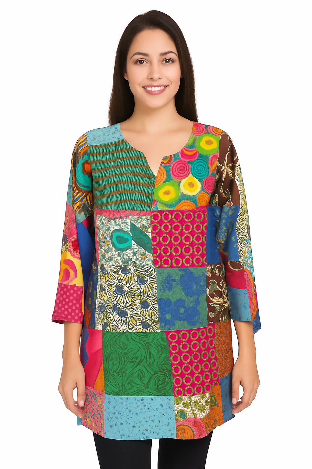 Women's Multicolor Patchwork Cotton Kurti – Boho Ethnic Tunic Top
