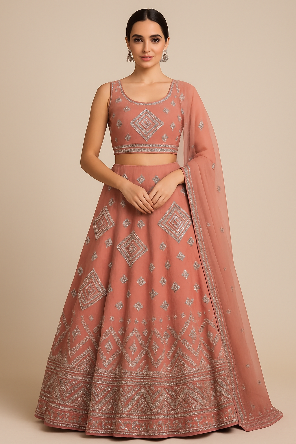 Peach Mirror Work Lehenga Set | Sleeveless Blouse & Dupatta