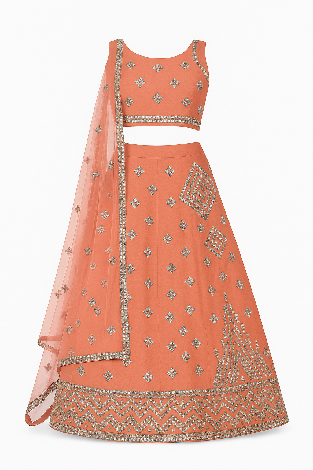Peach Mirror Work Lehenga Set | Sleeveless Blouse & Dupatta