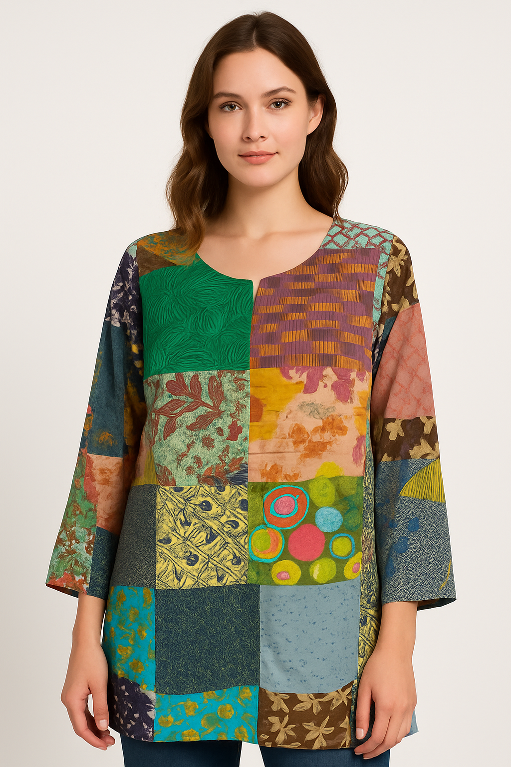 Bohemian Patchwork Tunic Top – Handmade Multicolor Cotton Kurti