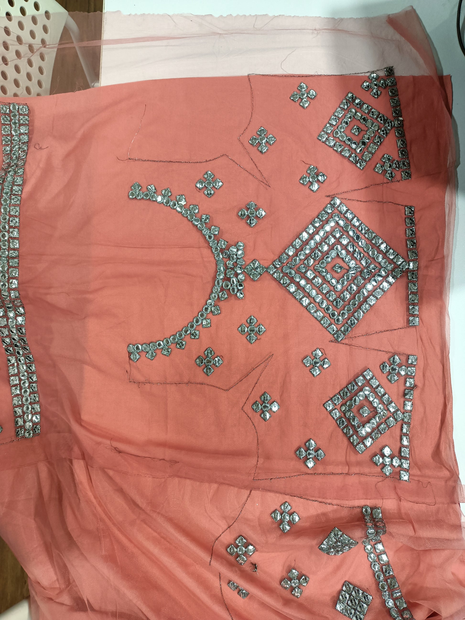 Peach Mirror Work Lehenga Set | Sleeveless Blouse & Dupatta