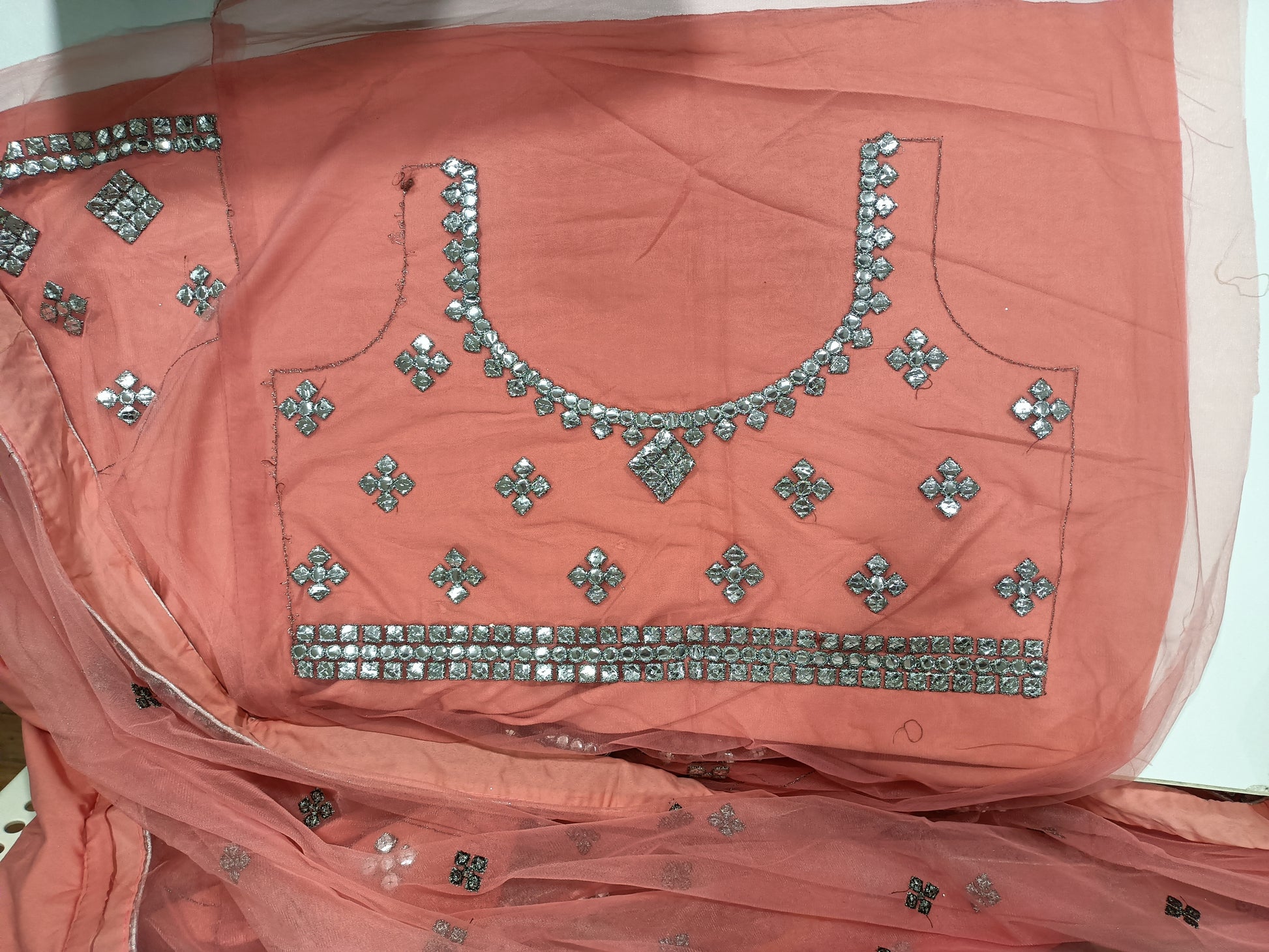 Peach Mirror Work Lehenga Set | Sleeveless Blouse & Dupatta
