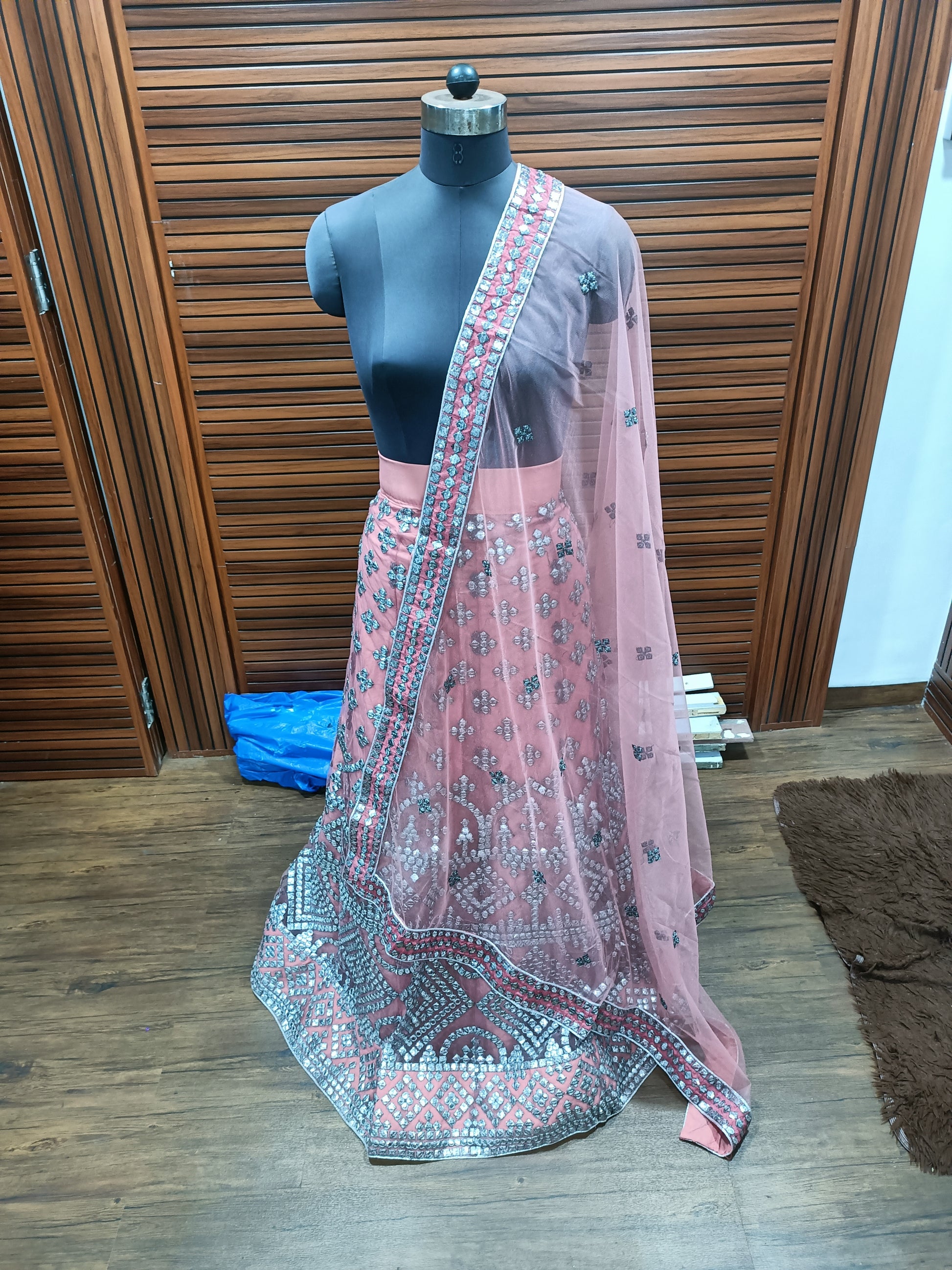 Peach Mirror Work Lehenga Set | Sleeveless Blouse & Dupatta