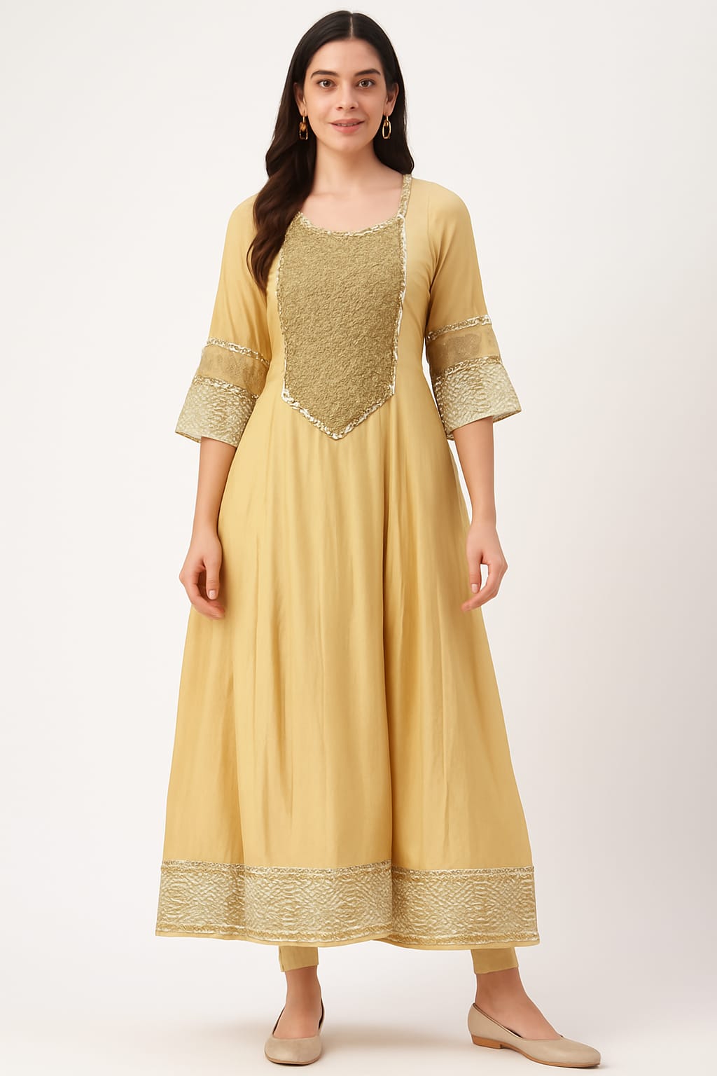 Elegant Golden Anarkali Dress with Embroidery & Pearl Detailing